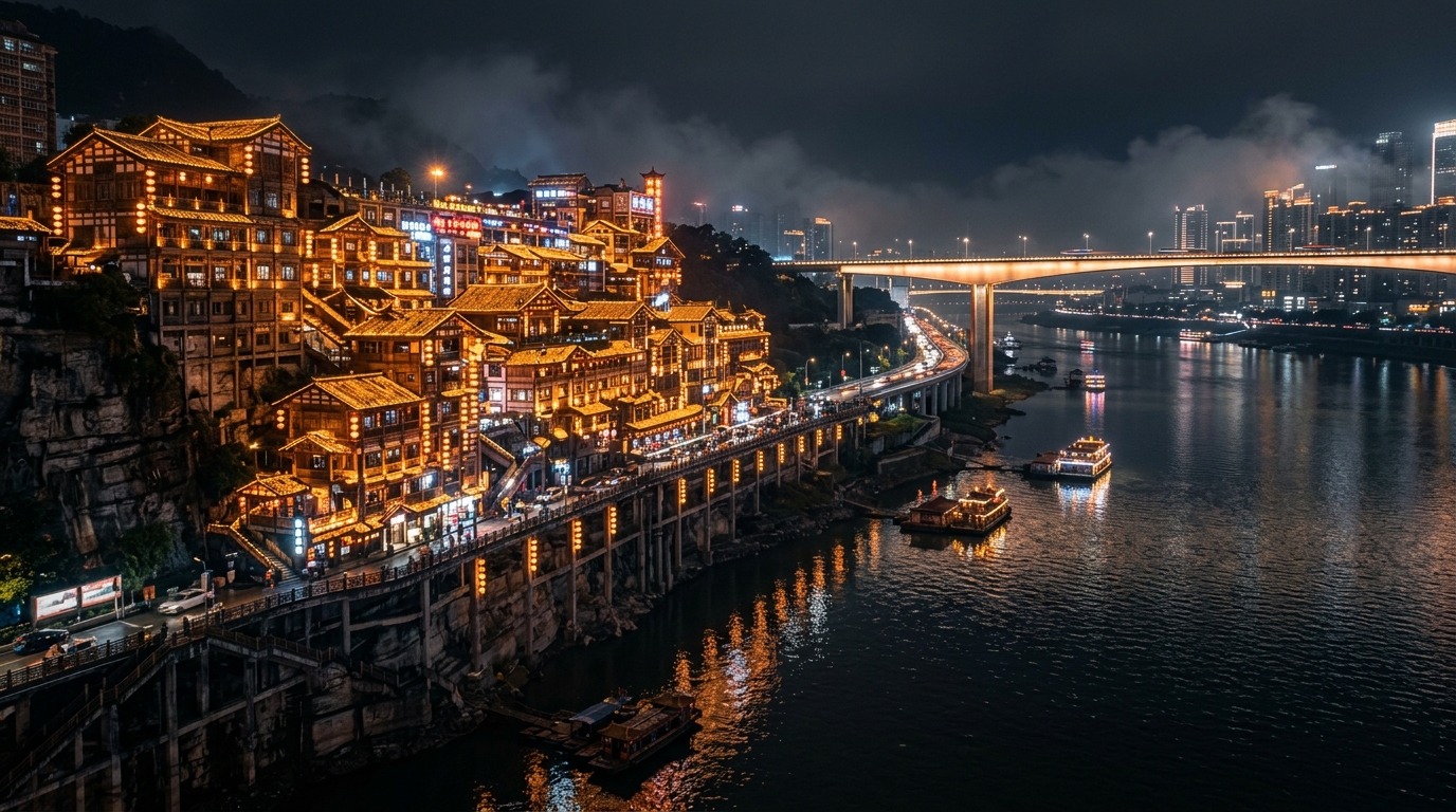 重庆洪崖洞与千厮门大桥璀璨夜景实景